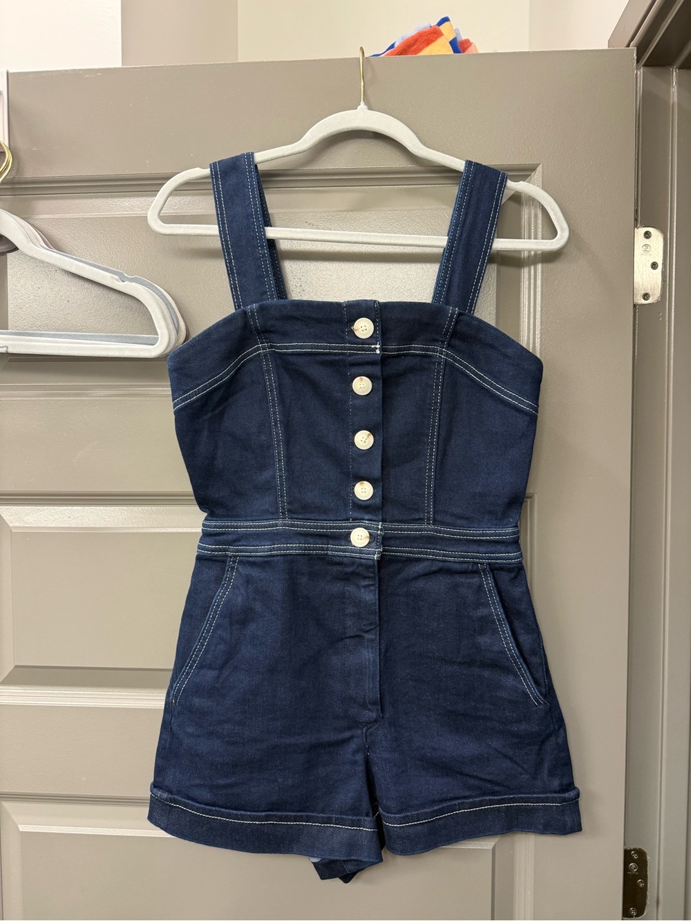 Maeve Navy Blue Denim Button-Front Romper